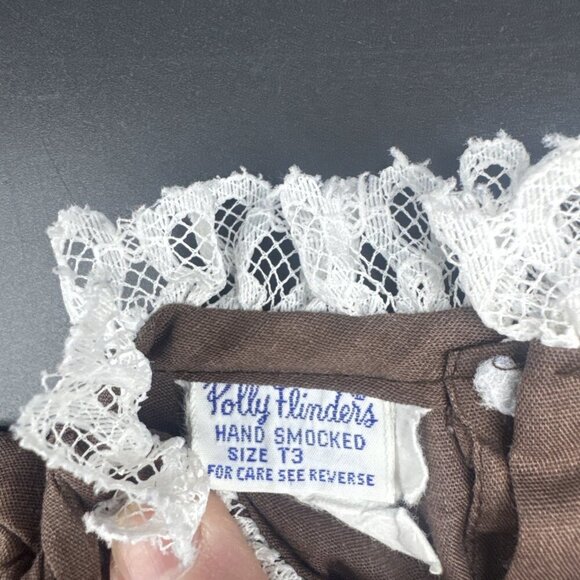 VTG Polly Flinders Brown Smocked Lace Floral Long Sleeve Button Back Dress Sz 3T - Picture 4 of 8